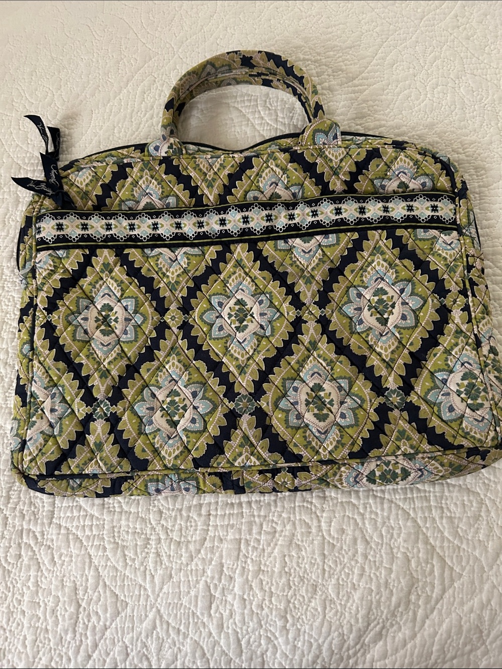 Vera Bradley Quilted Laptop Tote in Olive, Navy and Cream